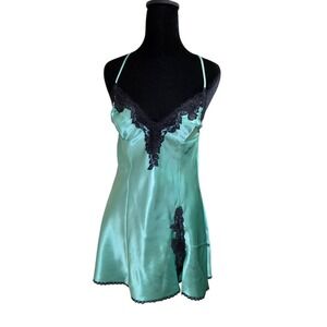 Fredericks of Hollywood Satin Robe Babydoll Lingerie Set Mint Green Lace Womens